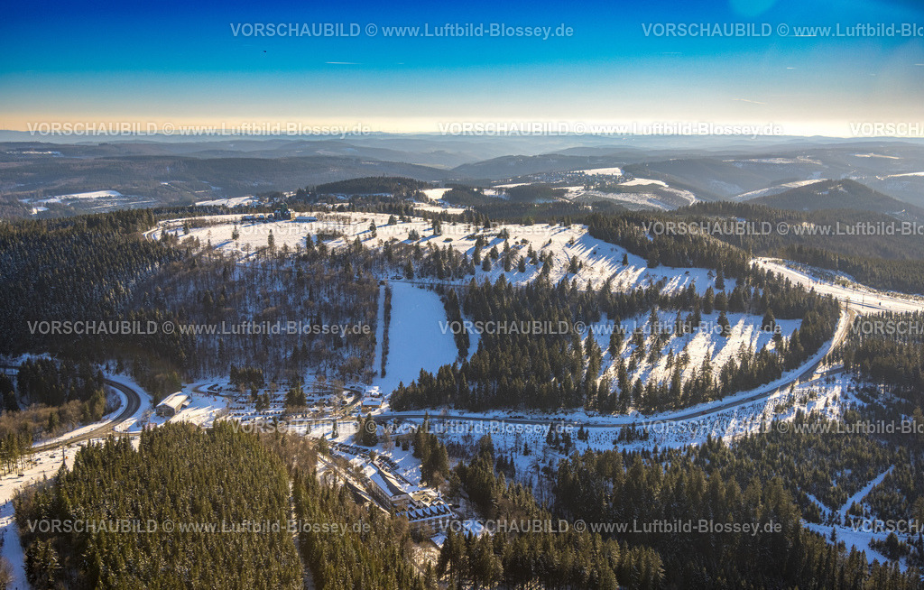 Winterberg230205713 | Luftbild, Winterliche Wald- und Hügellandschaft mit Fernsicht, Talstation Brembergkopf II, Winterberg, Sauerland, Nordrhein-Westfalen, Deutschland