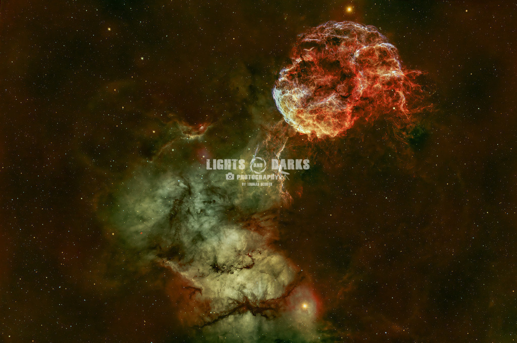 The cosmic jellyfish | The cosmic Jellyfish ...from wikipedia:The Jellyfish Nebula aka Medusa Nebula (IC 443 or Sharpless 248 (Sh2-248)) is a galactic supernova remnant (SNR) in the constellation Gemini. On the plane of the sky, it is located near the star Eta Geminorum. Its distance is roughly 5,000 light years from Earth. IC 443 may be the remains of a supernova that occurred 3,000 - 30,000 years ago. The same supernova event likely created the neutron star CXOU J061705.3+222127, the collapsed remnant of the stellar core. IC 443 is one of the best-studied cases of supernova remnants interacting with surrounding molecular clouds.SHO version with rgb stars shot on a full frame mono astrocam. Roughly 34hours of total integration! - Realisiert mit Pictrs.com