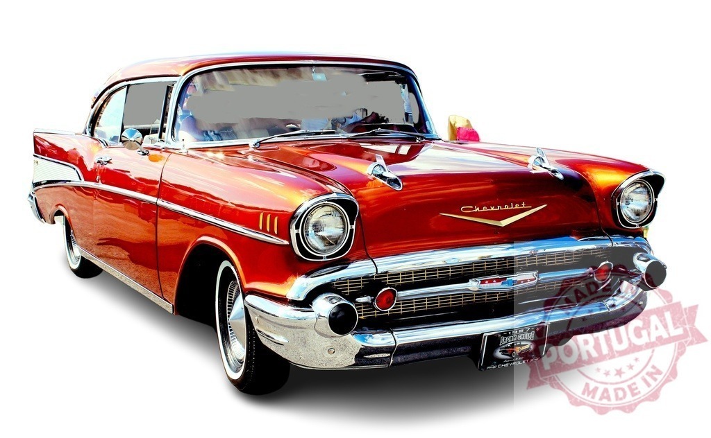 Classic Chevrolet Bel Air 1957 posing in a parking lot | Shiny red Chevrolet Bel Air 1957 posing in a parking lot - Realized with Pictrs.com