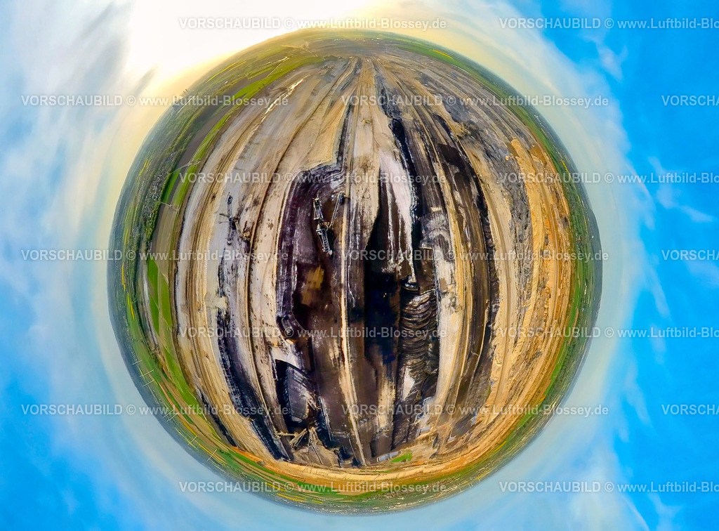 Inden240490008BraunkohleTagebauInden | Luftbild, BraunkohleTagebau Inden der RWE Power AG, Versorgung des Kraftwerks Weisweiler, Schaufelradbagger, Rheinisches Braunkohlerevier, Erdkugel, Fisheye Aufnahme, Fischaugen Aufnahme, 360 Grad Aufnahme, tiny world, little planet, fisheye Bild, Inden, Niederrhein, Nordrhein-Westfalen, Deutschland