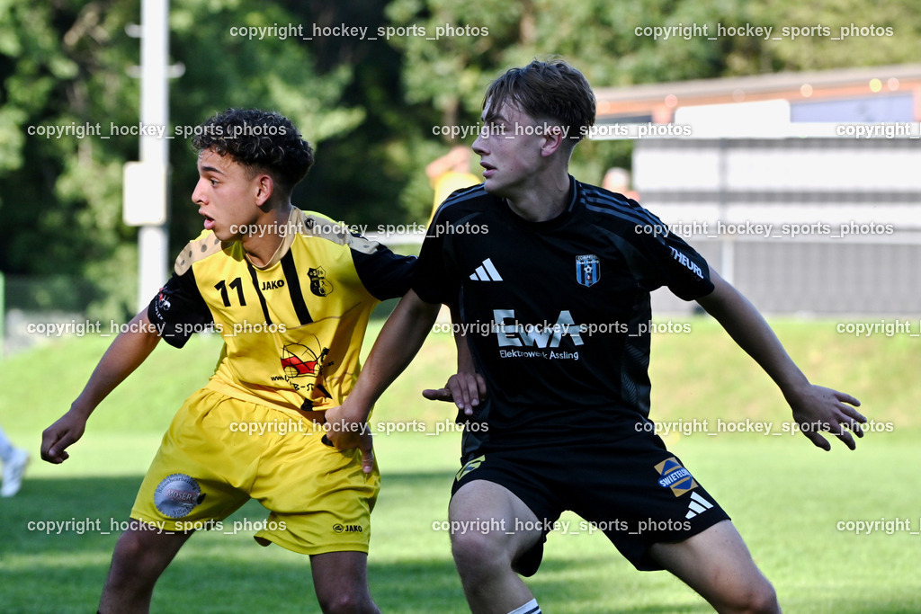 SV Arnoldstein vs. URC Thal Assling | #11 Mohamed Oumghar SV Arnoldstein, #20 Lorenz Sebastian Blassnig Thal Assling, SV Arnoldstein vs. URC Thal Assling, SV Arnoldstein vs. URC Thal Assling am 09.08.2025 in Arnoldstein (Waldparkstadion Arnoldstein), Austria, (Photo by Bernd Stefan)