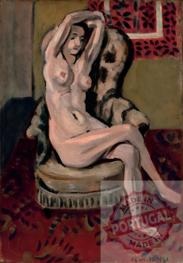 Henri Matisse fauvist painting of a seated female nude. Henri Matisse | Nude female figure sitting on a chair, surrounded by vibrant colors and patterns - Realisiert mit Pictrs.com