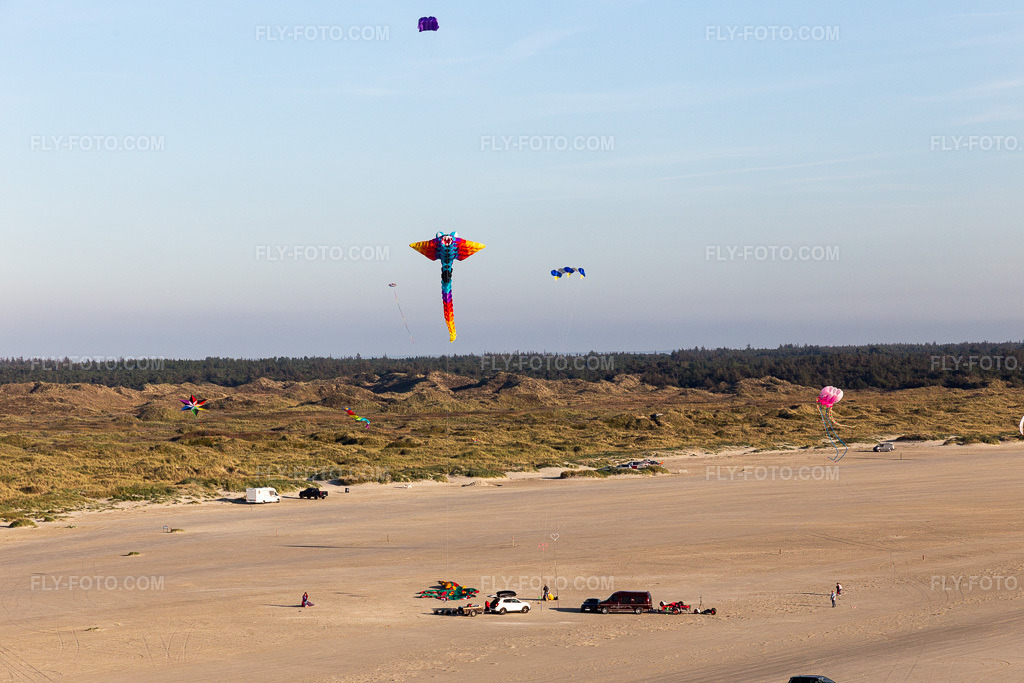 Aerial view: Kites on the beach in Fanø in the state South Denmark, Denmark.Photo: IMG_118800.jpg taken on 09/21/2019 by Werner Riehm/FLY-FOTO.comResolution of the original: 5472 x 3648 px
