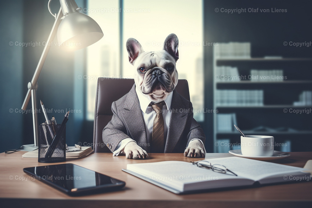 weißer Mops im Anzug | weisser Mops am Schreibtisch