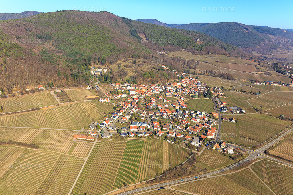 Luftbild: Winzerdorfansicht aus Süden im Winter ohne Schnee in Gleisweiler im Bundesland Rheinland-Pfalz in Deutschland. Foto: IMG_112688.jpg vom 27.02.2019 durch Werner Riehm/FLY-FOTO.de