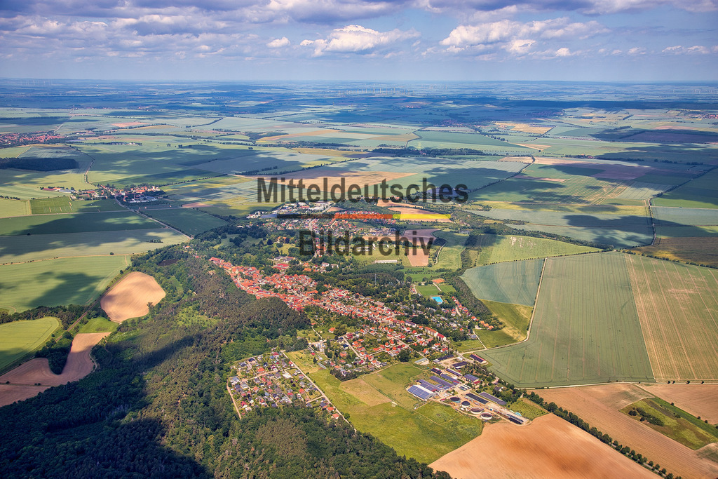 Langenstein-Harz-Halberstadt-Luftbild-Sachsen-Anhalt_4438 | Die Luftaufnahme zeigt Langenstein aus der Vogelperspektive. Zu sehen sind die Ortslage, die gewachsene Bebauung und die umliegenden landwirtschaftlich genutzten Flächen. Langenstein gehört zur Stadt Halberstadt im Landkreis Harz. - Realisiert mit Pictrs.com