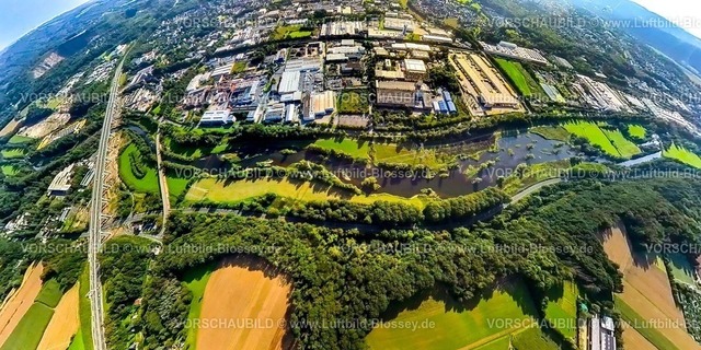 Hagen230990029 Lennetal | Luftbild, Lennetalbrücke, Renaturierung Fluss Lenne, Gewerbegebiet Fley, Erdkugel, Fisheye Aufnahme, Fischaugen Aufnahme, 360 Grad Aufnahme, tiny world, Lennetal, Hagen, Ruhrgebiet, Nordrhein-Westfalen, Deutschland