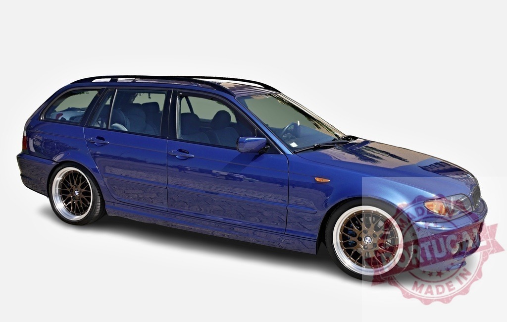 Customized dark blue BMW station wagon with roof rack and alloy wheels parked on white background | Stylish customized BMW station wagon featuring a roof rack, alloy wheels, and a deep dark blue paint job - Realisiert mit Pictrs.com