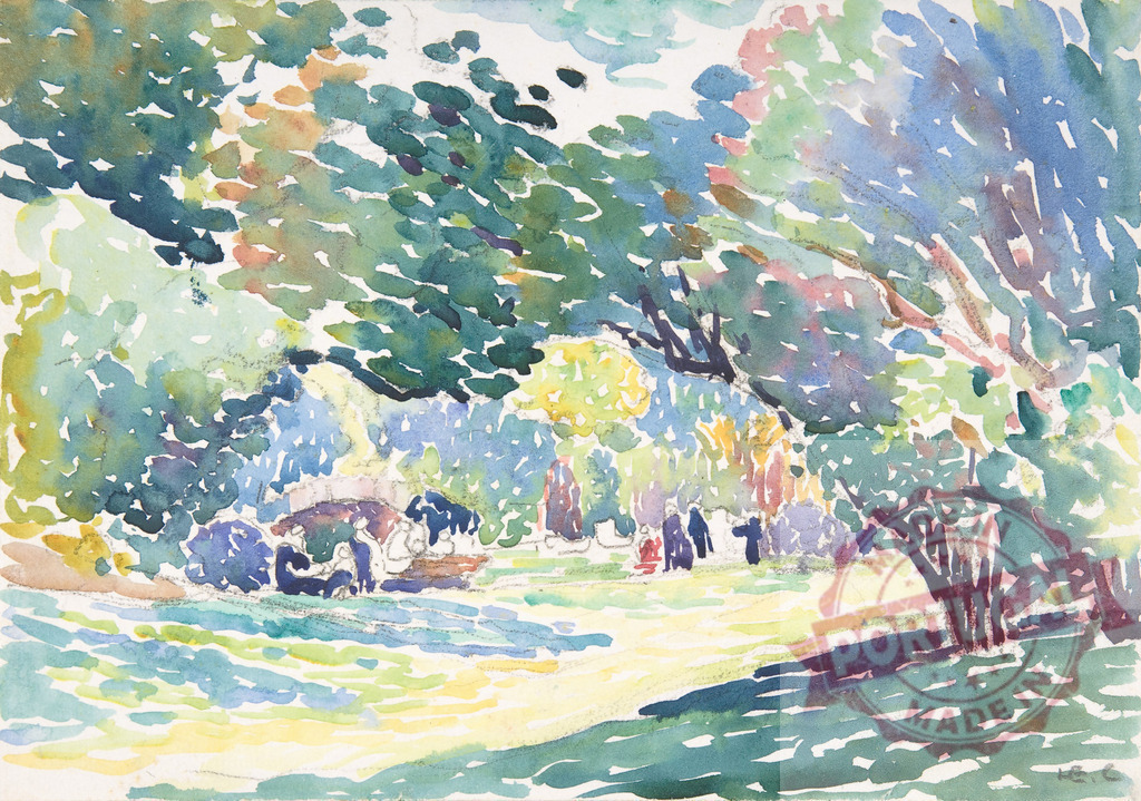 Watercolor painting showing people enjoying a park under trees. Henri Edmund Cross | People relaxing in a sunlit park, painted with vibrant watercolors in a loose style - Realisiert mit Pictrs.com