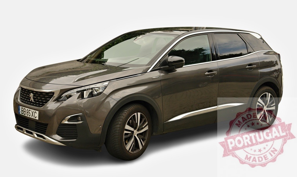 Modern Peugeot 3008 SUV parked on white background | Dark gray Peugeot 3008 SUV, a popular crossover vehicle known for its stylish design and efficient performance - Realized with Pictrs.com