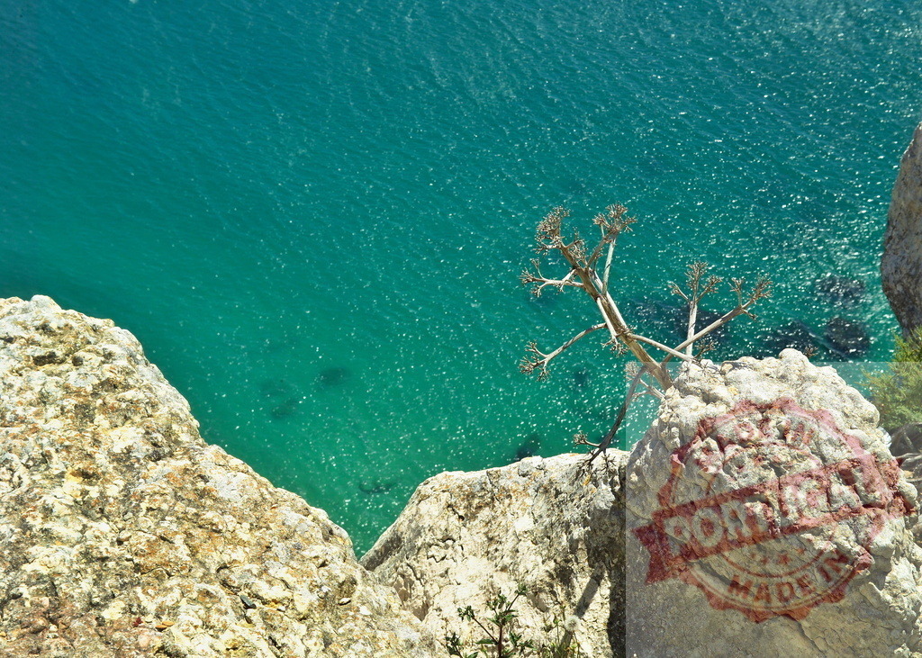 Cliff edge overlooking turquoise sea water landscape | High angle view of dramatic cliff over sparkling turquoise ocean - Realized with Pictrs.com