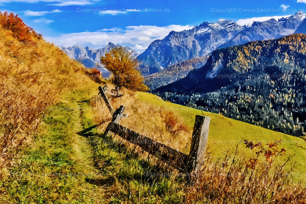AD_RHinder_Ardez_Wanderweg_180x120 | DIGITALKUNST. Wanderweg bei Ardez im Unterengadin. __ Das Basisfoto für dieses malerisch verwandelte Werk hat der Schweizer Hobbyfotograf Rene Hinder gemacht und es Bernt Hoffmann für dessen Kunstpart zur Verfügung gestellt. __ Seitenverhältnis = 3 zu 2 - Realisiert mit Pictrs.com