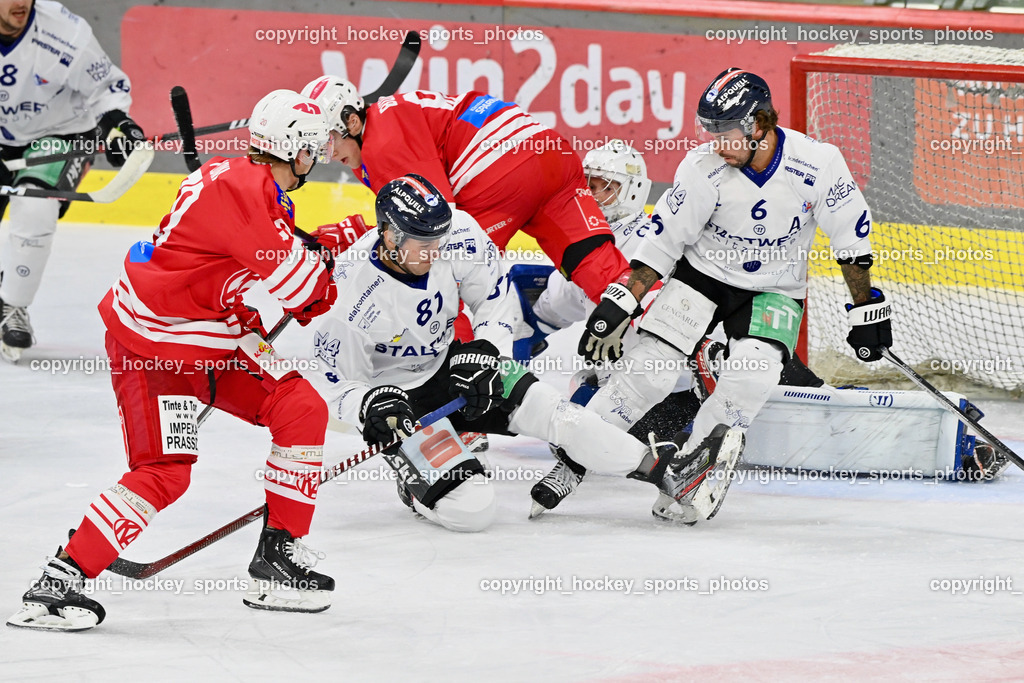 EC KAC Future Team vs. Die Adler Kitzbühl 7.10.2023 | #20 Pilloni Yannic EC KAC FUTURE TEAM, #81 Schröder Wilhelm EC Kitzbühel, #6 Rotter Rafael EC Kitzbühel, #86 Burgar NejcEC KAC Future Team vs. Die Adler Kitzbühl 7.10.2023, EC KAC Future Team vs. Die Adler Kitzbühl am 07.10.2023 in Klagenfurt (Messehalle Klagenfurt), Austria, (Photo by Bernd Stefan)
