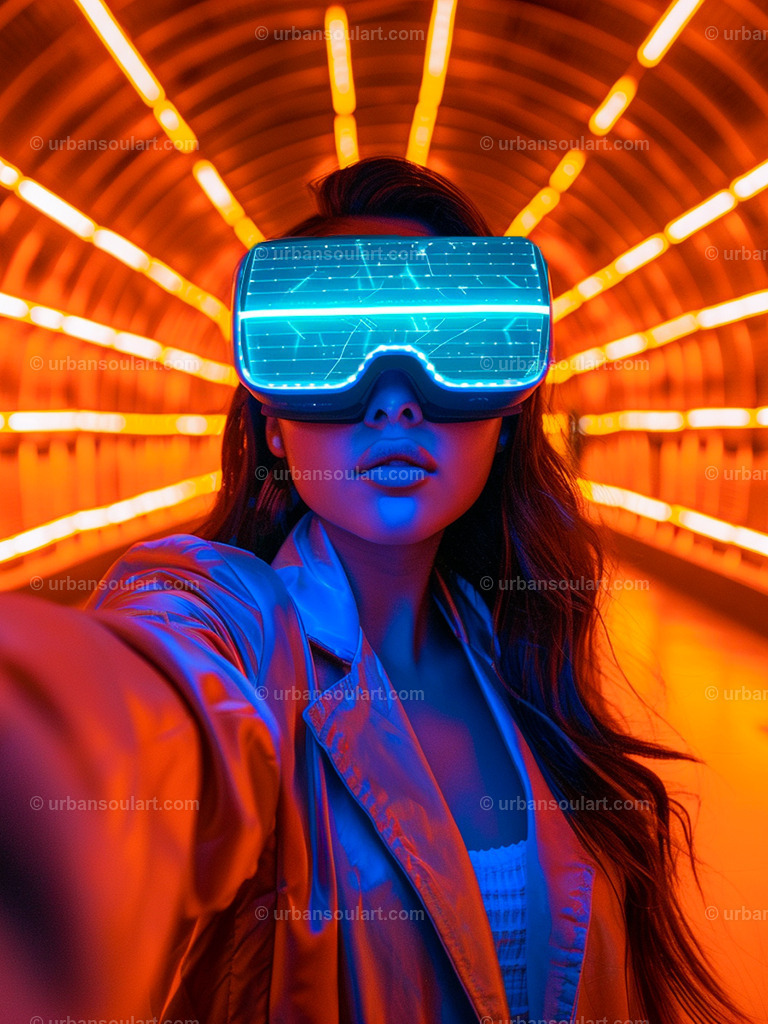 Woman Selfie Inside Neon Tunnel | This futuristic portrait of a woman taking a selfie inside a neon-lit tunnel radiates energy and style. Perfect for lovers of modern and cyber-inspired art, this piece adds a bold, vibrant touch to any space. - Realisiert mit Pictrs.com
