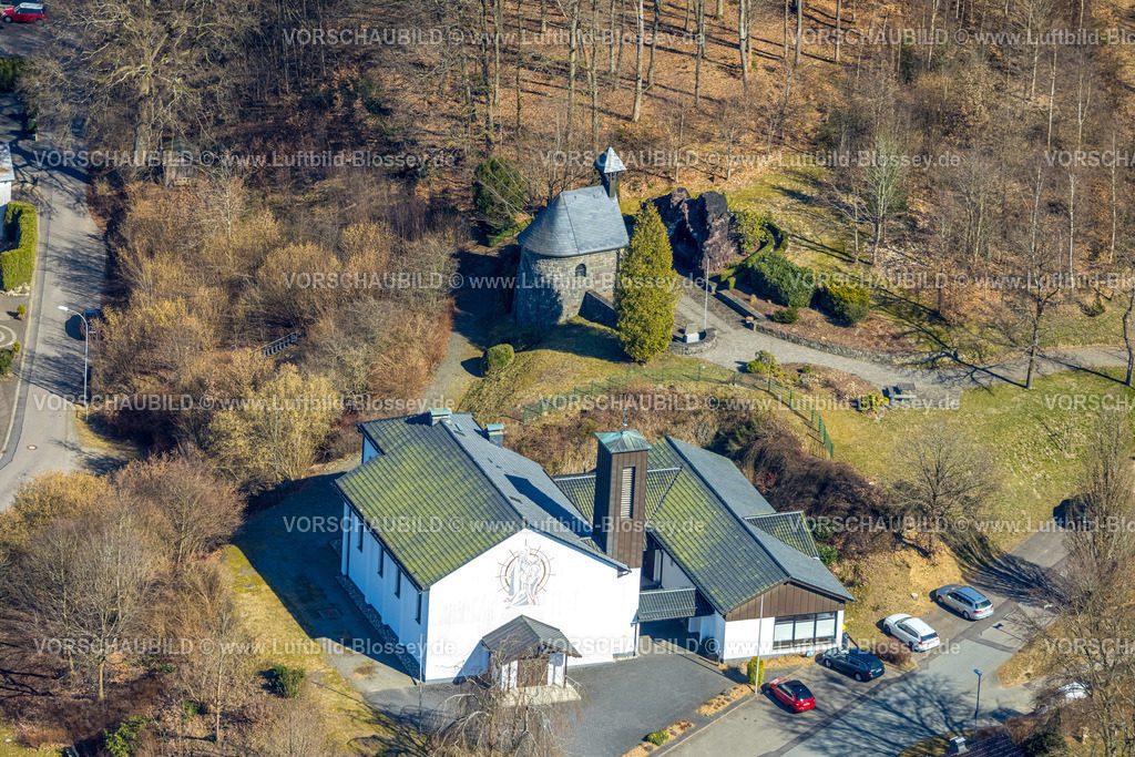 Olpe250307264Altenkleusenheim | Luftbild, Lourdes-Grotte und St.-Joseph-Kirche, Altenkleusheim, Olpe, Sauerland, Nordrhein-Westfalen, Deutschland