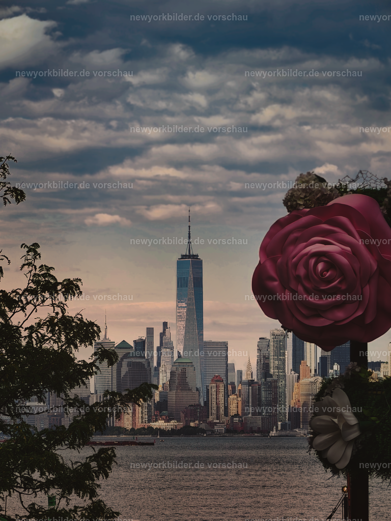 Zwischen Natur und Skyline – One World Trade Center mit floraler Note | Ein außergewöhnlicher Blick auf die Manhattan Skyline: Das One World Trade Center erhebt sich majestätisch in den Himmel, während im Vordergrund eine große, kunstvolle Rose die Szene bereichert. Diese Komposition verbindet die urbane Kraft der Metropole mit einem Hauch von Natur und Kreativität. Der Hudson River liegt ruhig zwischen den beiden Welten, und die Wolken am Himmel verleihen dem Bild eine dramatische Tiefe. Dieses Motiv zeigt New York aus einer Perspektive, die Emotionen auslöst und fesselt. Eingefangen aus Staten Island.