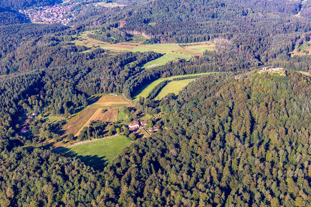 Luftbild: Hütte und Wild-Gaststätte Cramerhaus zu Füßen der Burgruine Lindelbrunn in Vorderweidenthal im Bundesland Rheinland-Pfalz in Deutschland.Foto: IMG_143212.jpg vom 06.08.2024 durch Werner Riehm/FLY-FOTO.deCramerhaus Lindelbrunn | Waldgaststätte und Unterkunft SüdpfalzBurgruine Lindelbrunn bei Vorderweidenthal | Pfalz.de