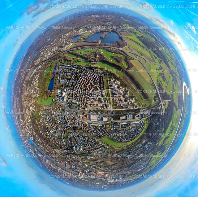 Duisburg2301fish0005AngerbogenHuckingen | Luftbild, Angerbogen Wohnsiedlung, Fisheye Aufnahme, Fischaugen Aufnahme, 360 Grad Aufnahme, Huckingen, Duisburg, Ruhrgebiet, Nordrhein-Westfalen, Deutschland