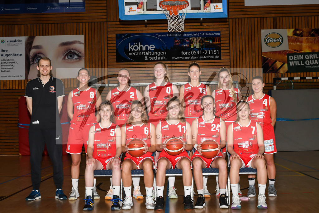TEAOSC20201023_0028 | Basketball, Juniorinnen: Hintere Reihe v.li. : Trainer Mika Scheidemann, Julia Dzeko, Clara Sophie Schwartz, Frieda Buehner, Michelle Mueller, Tessa Strompen und Annemarie Potratz., Vordere Reihe v.li. : Zoe Perlick, Marie Dreyer, Maira Banko, Luise Hansmann und Louisa Riehemann.  bei der Team Presentation der Panthers Academy Osnabrueck am 23.10.2020 in Osnabrueck, Deutschland. - Realisiert mit Pictrs.com