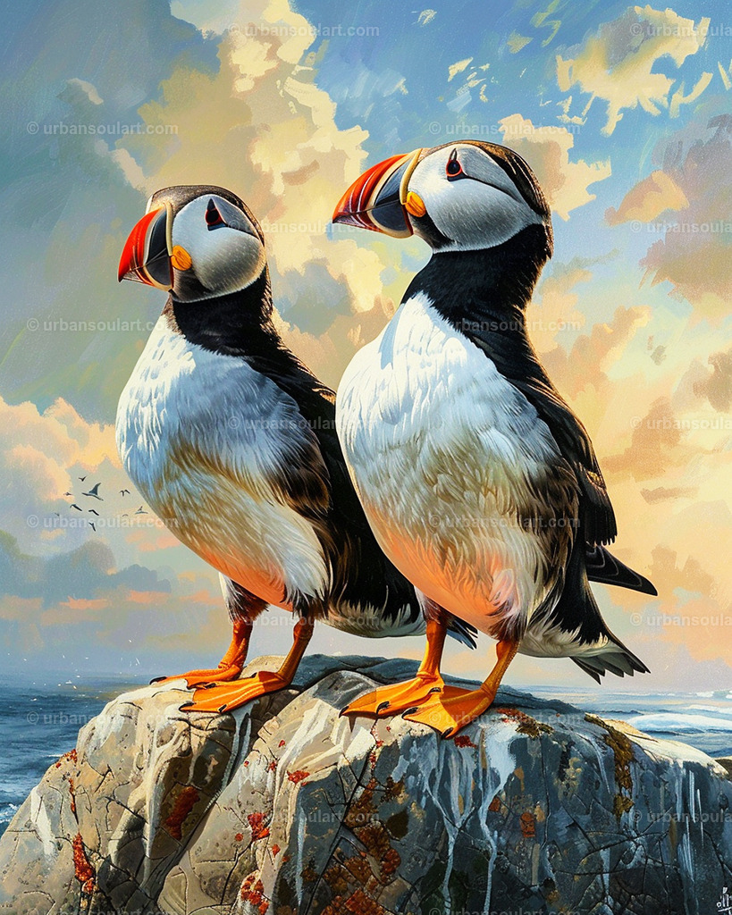 Puffiins On An Island | A beautiful painting of puffins standing proudly on an island rock, this piece brings the coastal charm of these seabirds into your space. With bright colors and engaging details, it’s perfect for creating a refreshing, nature-inspired atmosphere. - Realisiert mit Pictrs.com